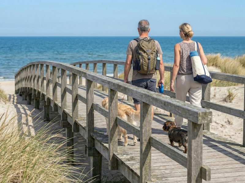 Ein Paar mit zwei Hunden geht über einen Holzsteg, der zum Strand führt.