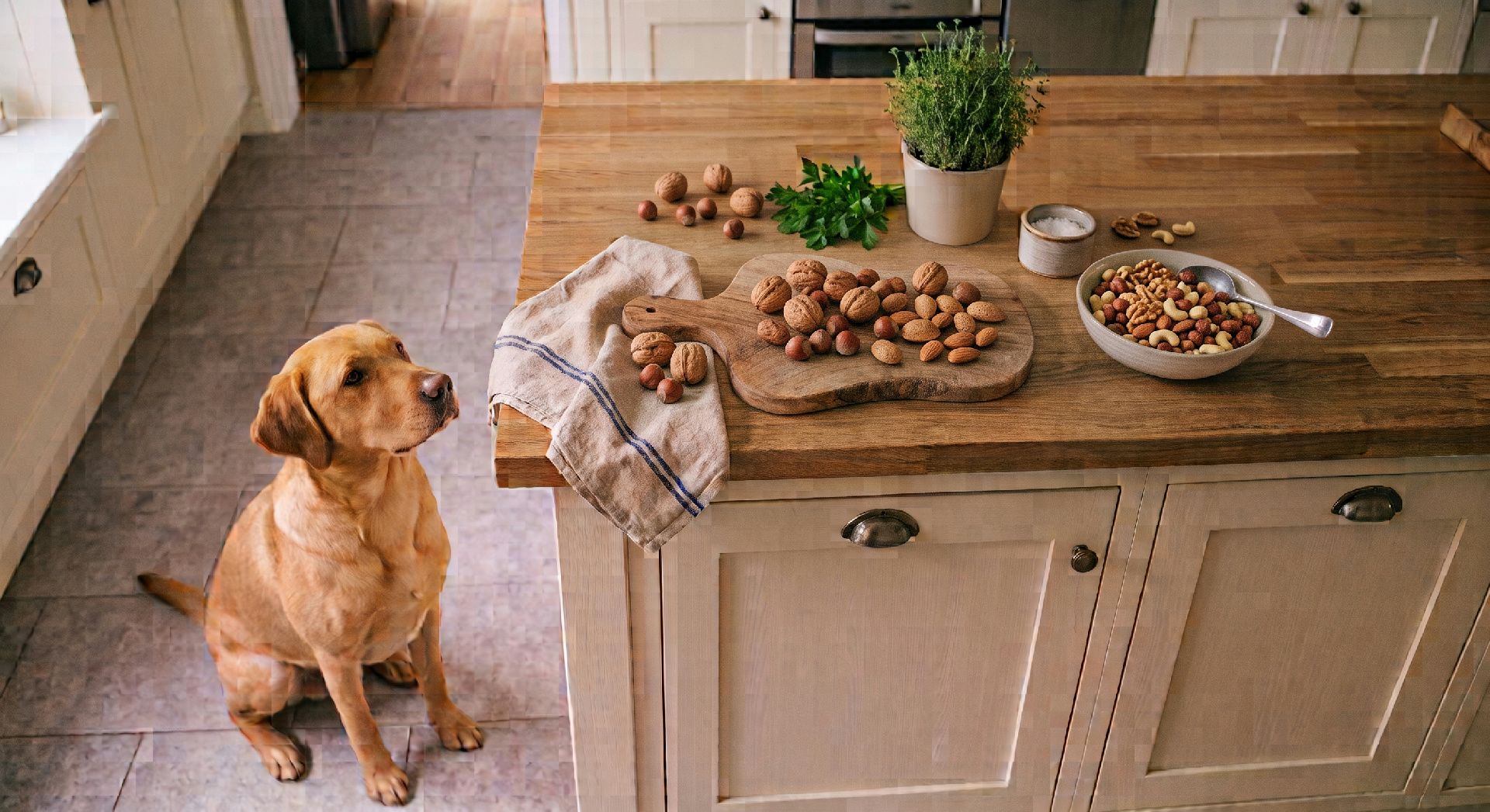 Golden Labrador sitzt in der Küche und schaut auf Nüsse, Getreide und Futterschalen auf der Arbeitsplatte