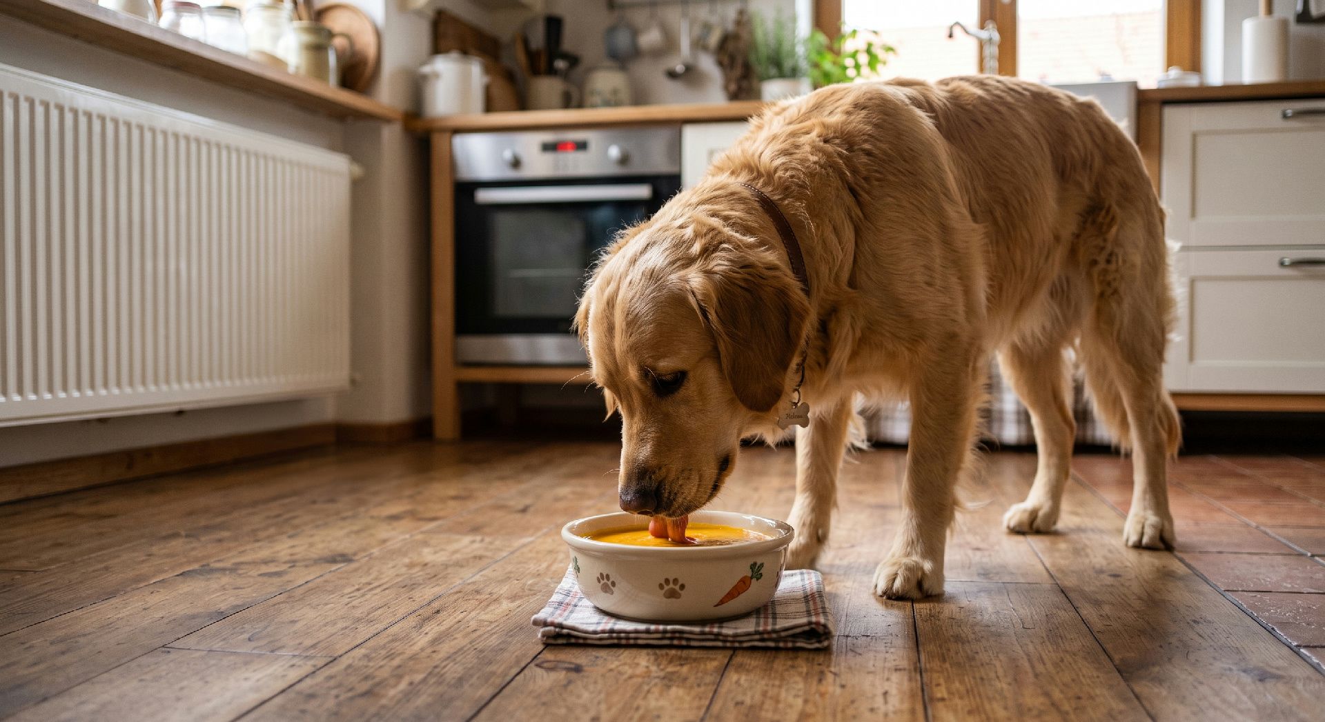 Heller Golden Retriever frisst aus einem beigen Futternapf mit Pfotenmuster auf einer karierten Unterlage in einer modernen Küche