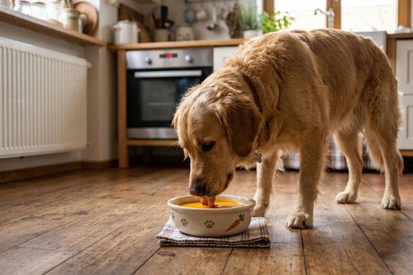 Heller Golden Retriever frisst aus einem beigen Futternapf mit Pfotenmuster auf einer karierten Unterlage in einer modernen Küche