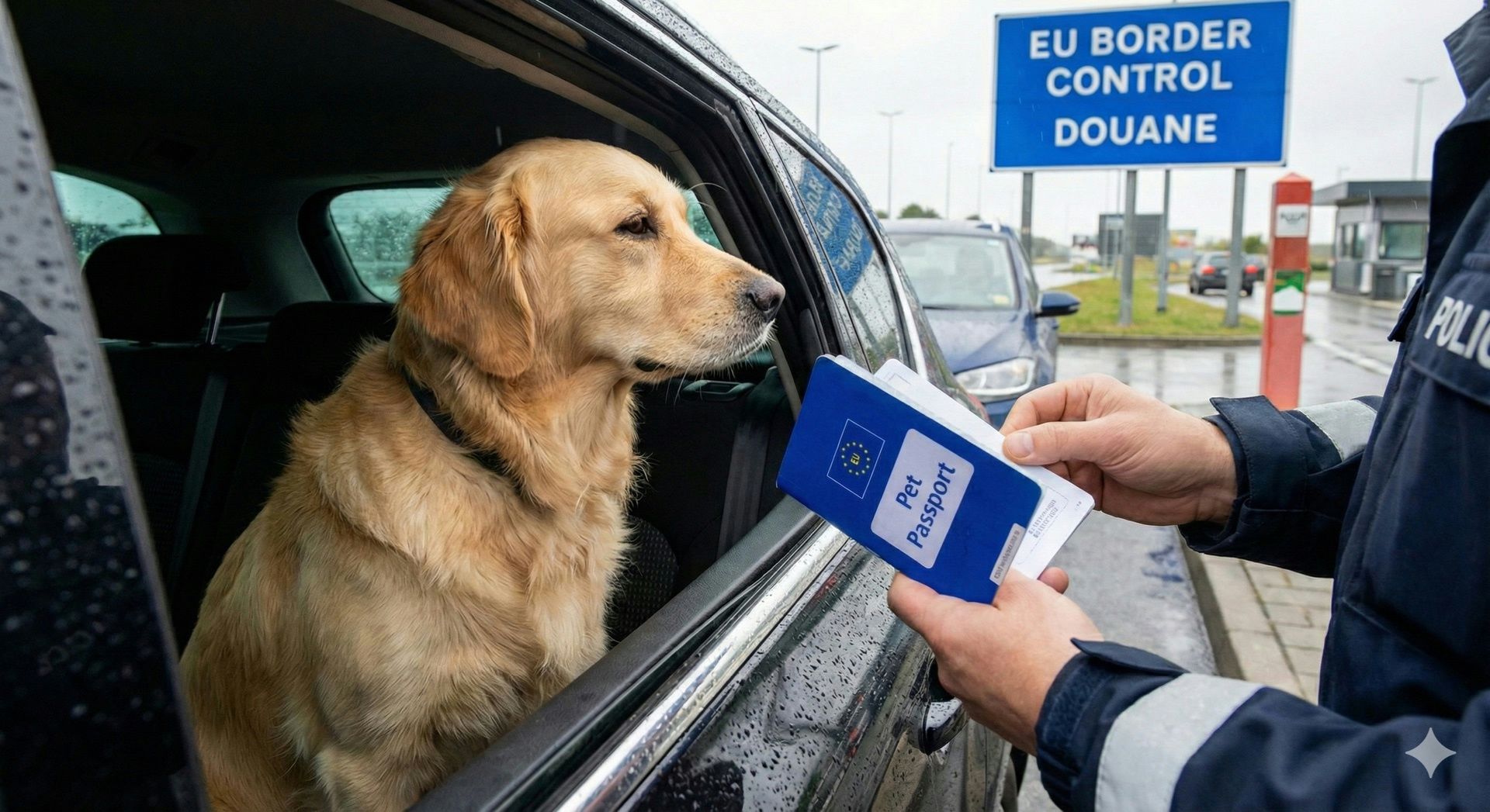 Ein Hund sitzt in einem Auto an einer EU-Grenzkontrolle, während ein Polizist den Heimtierausweis überprüft.