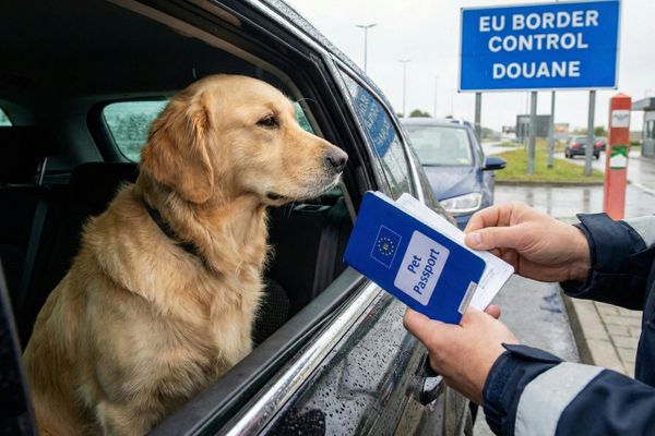 Ein Hund sitzt in einem Auto an einer EU-Grenzkontrolle, während ein Polizist den Heimtierausweis überprüft.