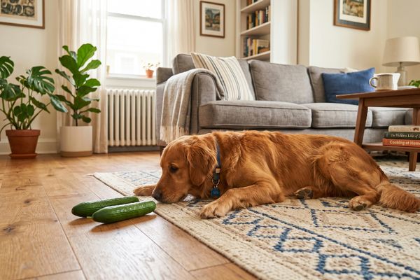 Goldener Hund liegt auf Teppich und frisst grüne Gurke im hellen Wohnzimmer