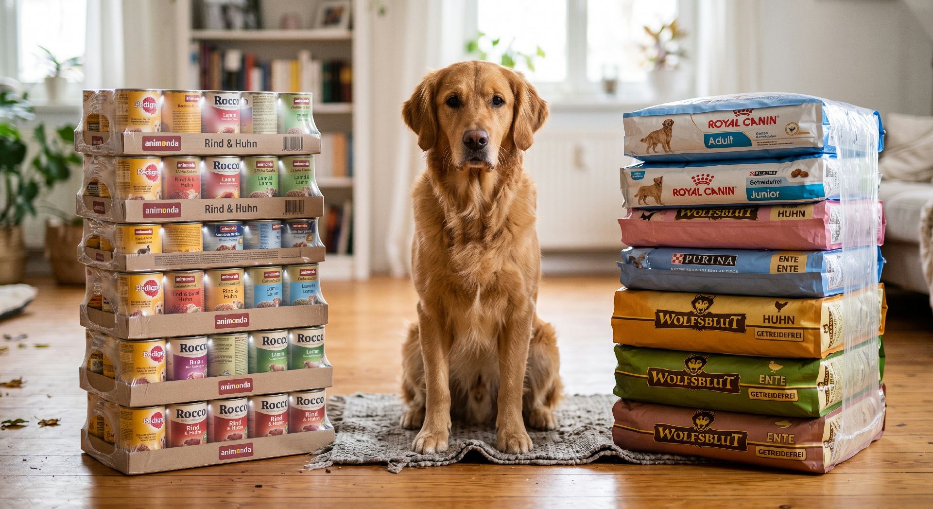 Golden Retriever sitzt zwischen gestapelten Paketen von Hundefuttermarken wie Royal Canin, Wolfsblut und Rocco