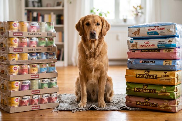 Golden Retriever sitzt zwischen gestapelten Paketen von Hundefuttermarken wie Royal Canin, Wolfsblut und Rocco