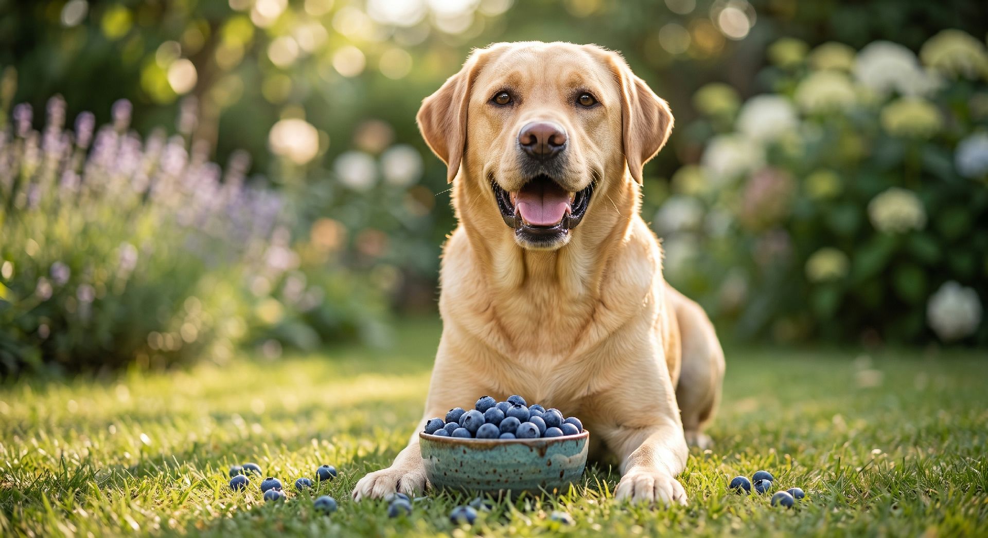 Hellbrauner Labrador Retriever sitzt auf grüner Wiese vor einer Schüssel mit Blaubeeren