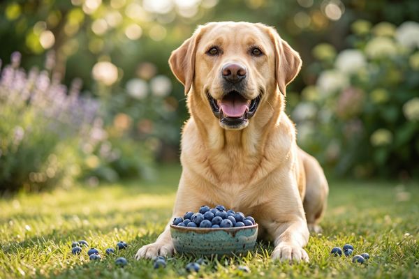 Hellbrauner Labrador Retriever sitzt auf grüner Wiese vor einer Schüssel mit Blaubeeren