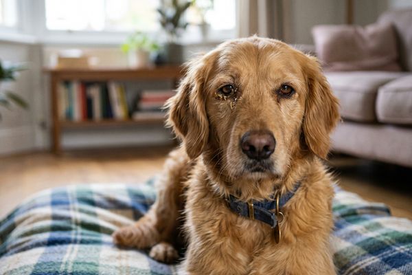 Erwachsener Golden Retriever auf kariertem Hundebett im Wohnzimmer, direkter Blick in die Kamera
