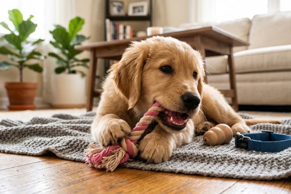 Freundlicher Golden Retriever kaut an rosa-beige Seil-Spielzeug auf grauem Teppich im gemütlichen Wohnzimmer