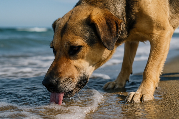 Ein Hund leckt am Rand des Meerwassers auf einem Sandstrand.