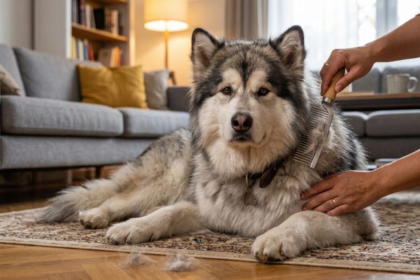 Grauer und weißer Husky liegt auf Teppich im Wohnzimmer, Mensch streichelt ihn