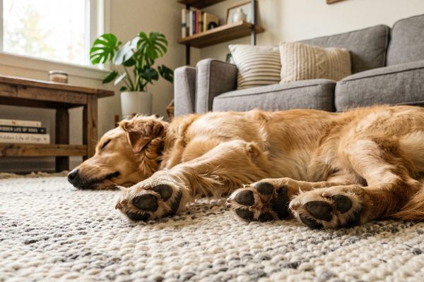Golden Retriever liegt entspannt auf beigem Teppich im gemütlichen Wohnzimmer neben Sofa