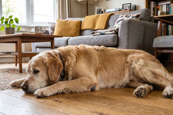Ein Golden Retriever liegt entspannt auf dem Holzboden eines gemütlichen Wohnzimmers neben einem Couchtisch