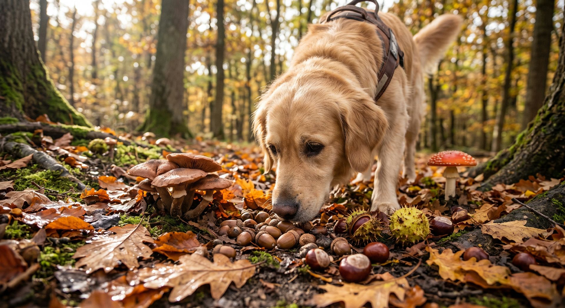 Hellgelber Labrador Retriever schnüffelt im Herbstwald zwischen Pilzen, Kastanien und gefallenen Blättern
