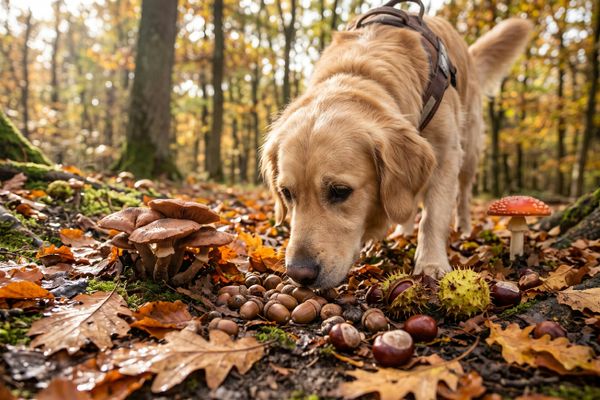 Hellgelber Labrador Retriever schnüffelt im Herbstwald zwischen Pilzen, Kastanien und gefallenen Blättern