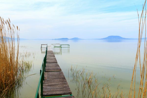 Holzsteg am Seeufer mit Schilf neben dem Wasser, Blick auf entfernte Hügel im Balaton.