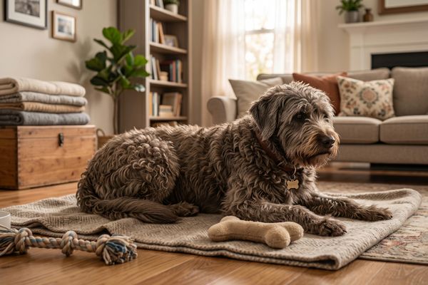 Graubrauner lockiger Hund liegt auf Teppich im Wohnzimmer mit Spielzeugen und Decken
