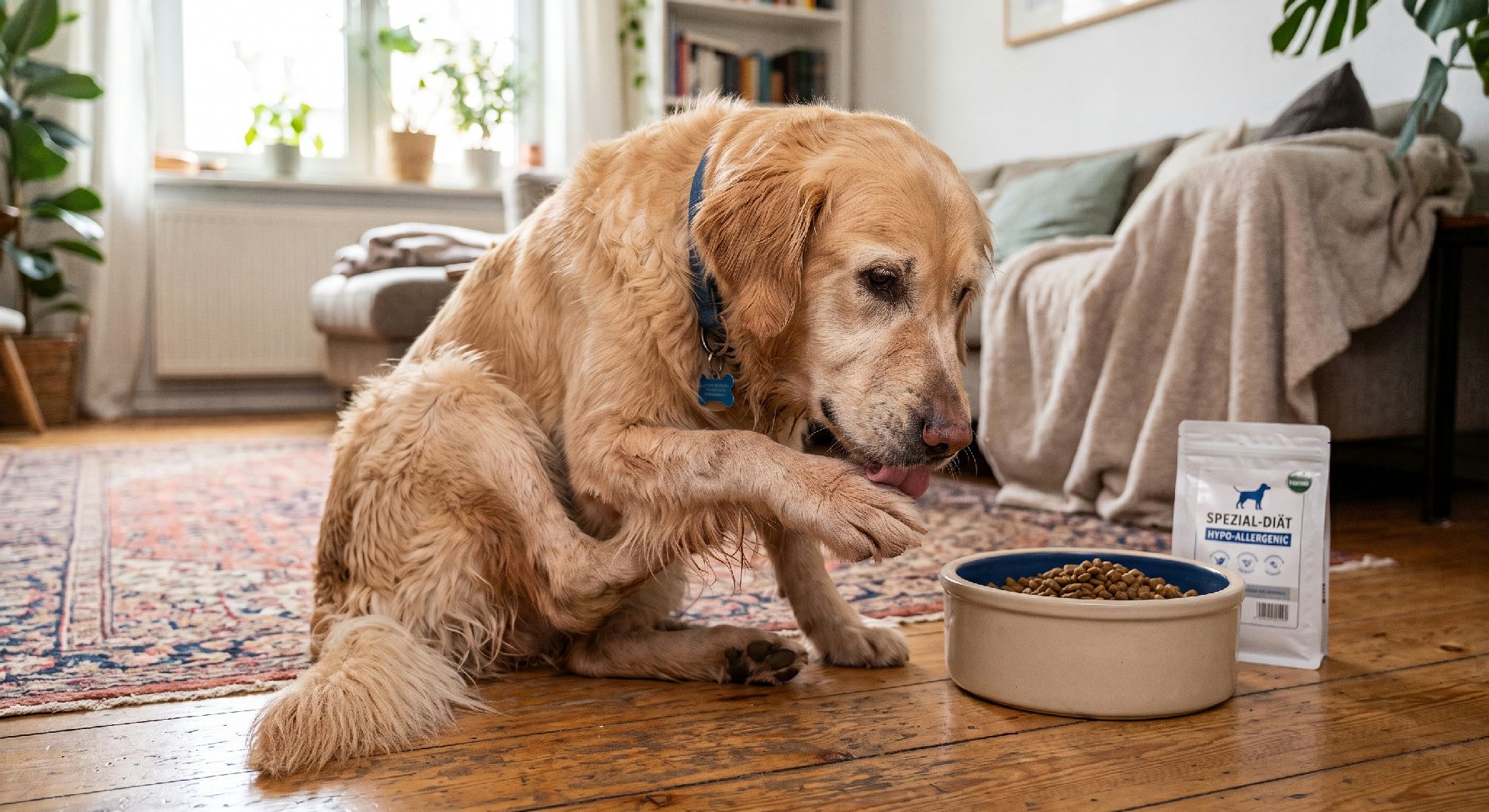 Älterer hellbrauner Golden Retriever mit blauem Halsband frisst aus Napf neben Spezialdiät-Futter