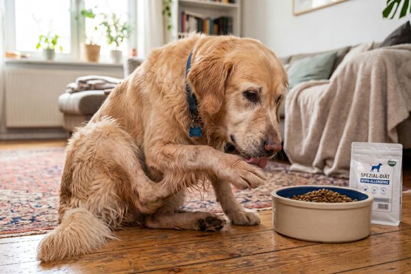 Älterer hellbrauner Golden Retriever mit blauem Halsband frisst aus Napf neben Spezialdiät-Futter