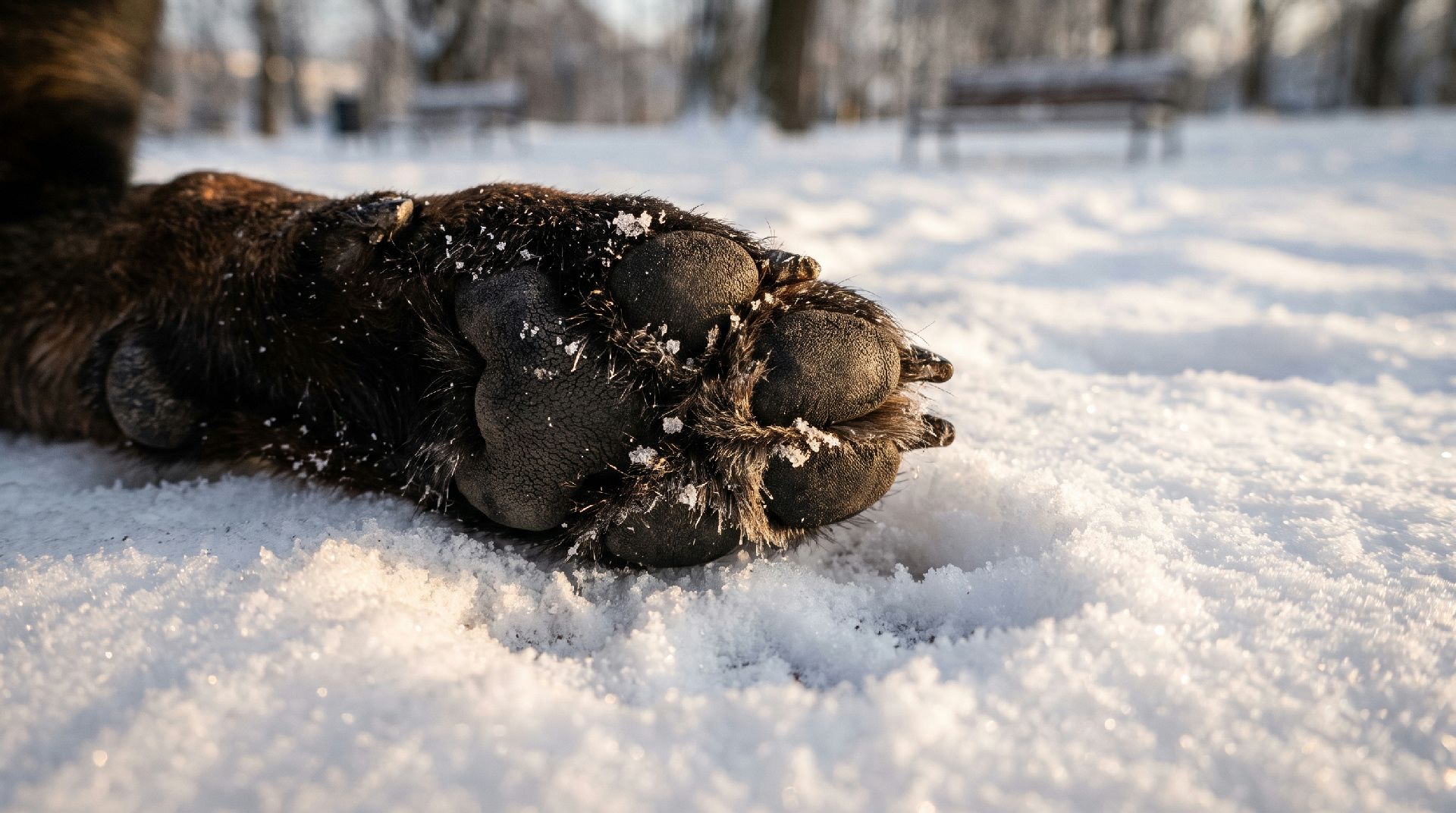 Nahaufnahme einer Hundepfote mit Schnee und Eiskristallen bedeckt im Winter