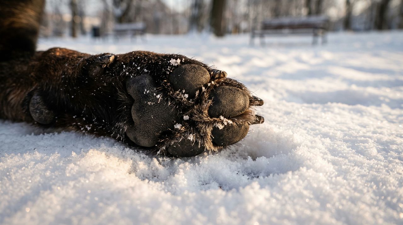 Hundepfote im Schnee mit Schneekristallen Nahaufnahme einer Hundepfote mit Schnee und Eiskristallen bedeckt im Winter