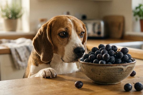 Beagle schaut auf eine Schüssel mit Blaubeeren auf dem Küchentisch