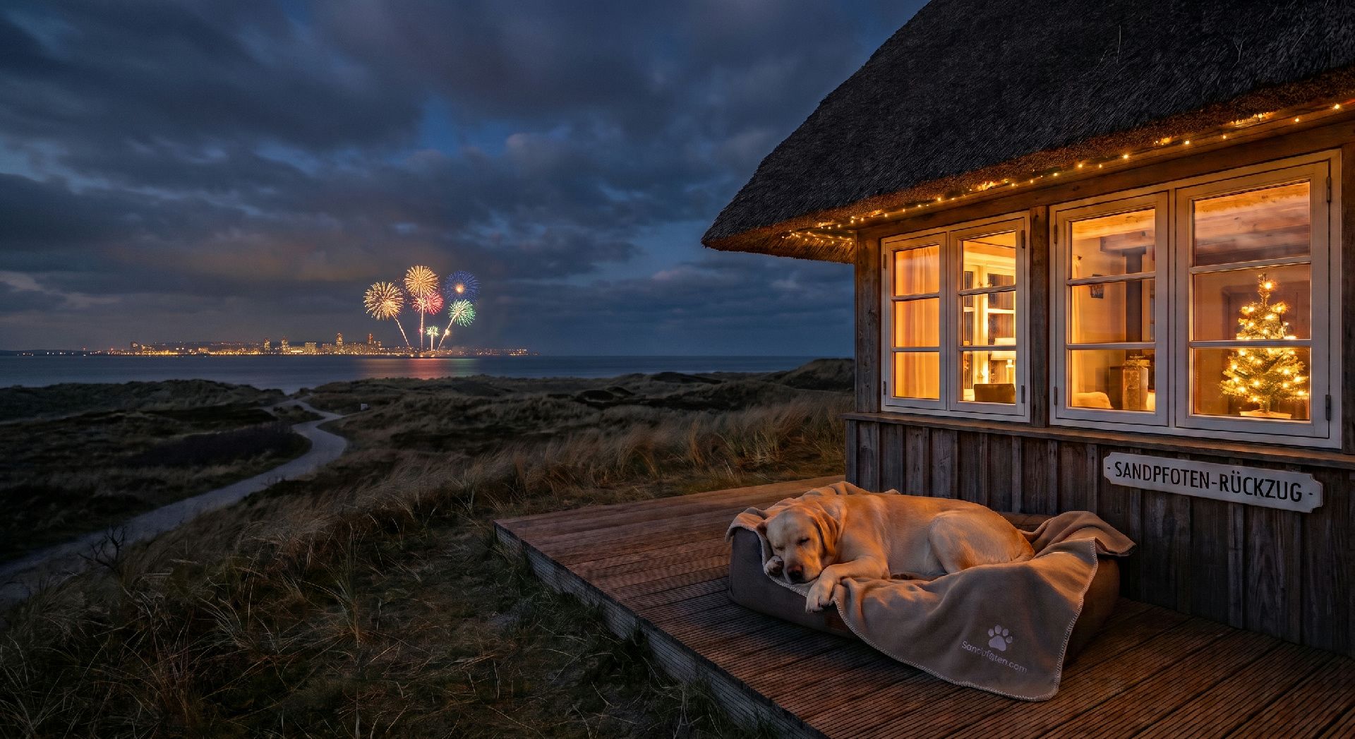 Golden Retriever liegt gemütlich auf einer Terrasse vor einem beleuchteten Strandhaus und beobachtet Silvesterfeuerwerk über der Stadt