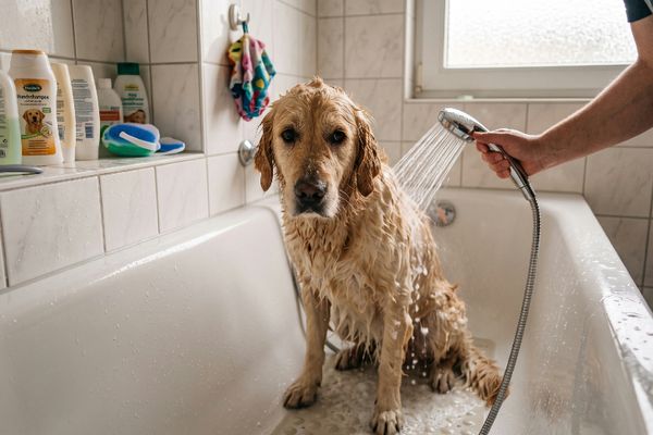 Golden Retriever sitzt in weißer Badewanne während Hundebesitzer ihn mit Duschkopf wäscht und Hundeshampoo verwendet