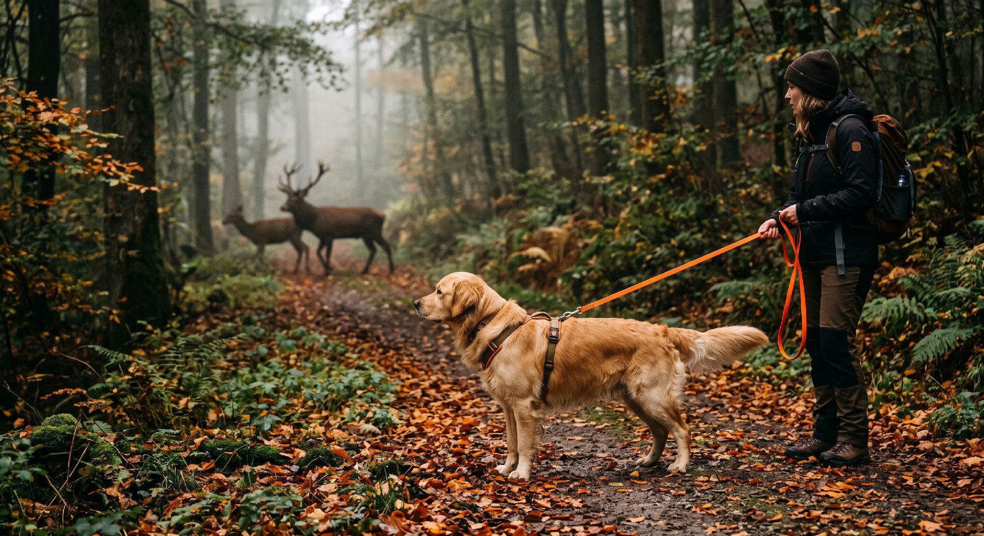 Golden Retriever an Leine mit Wanderin im Herbstwald, Hirsch im Hintergrund