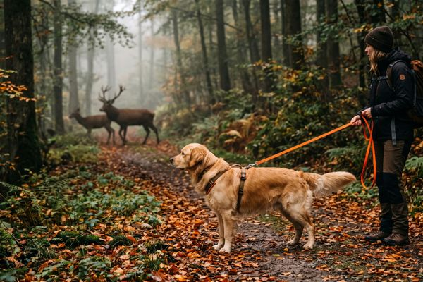 Golden Retriever an Leine mit Wanderin im Herbstwald, Hirsch im Hintergrund