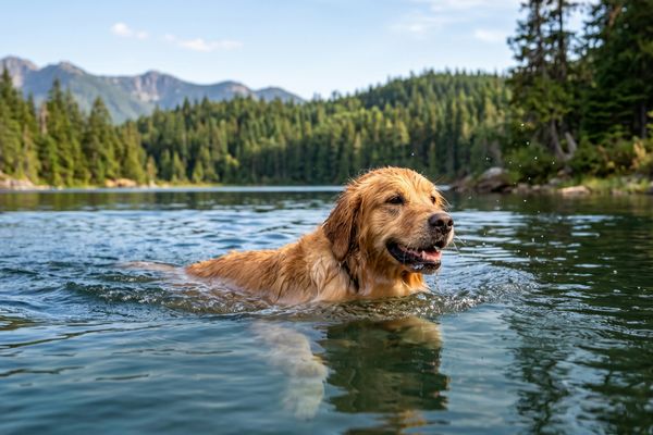 Golden Retriever schwimmt in einem klaren Bergsee mit Wäldern und Bergen im Hintergrund
