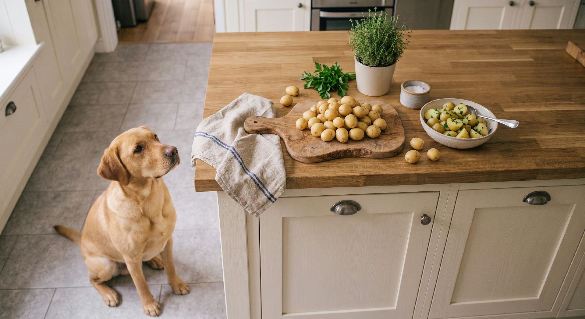Labrador sitzt in der Küche und beobachtet Kartoffeln und Gemüse auf der Arbeitsplatte