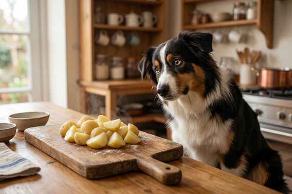 Schwarzweißer Hund schaut auf Kartoffeln auf Schneidebrett in moderner Küche