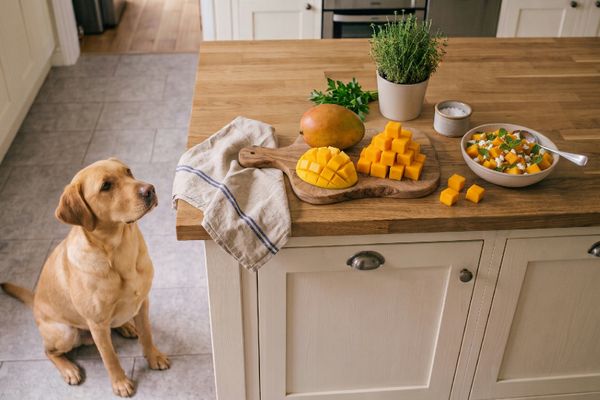 Golden Retriever sitzt vor Küchentheke mit frischem Obst und Gemüse und schaut erwartungsvoll nach oben
