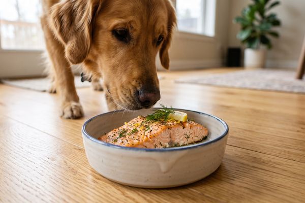 Golden Retriever schnüffelt an Schüssel mit gegartem Lachs und Gemüse