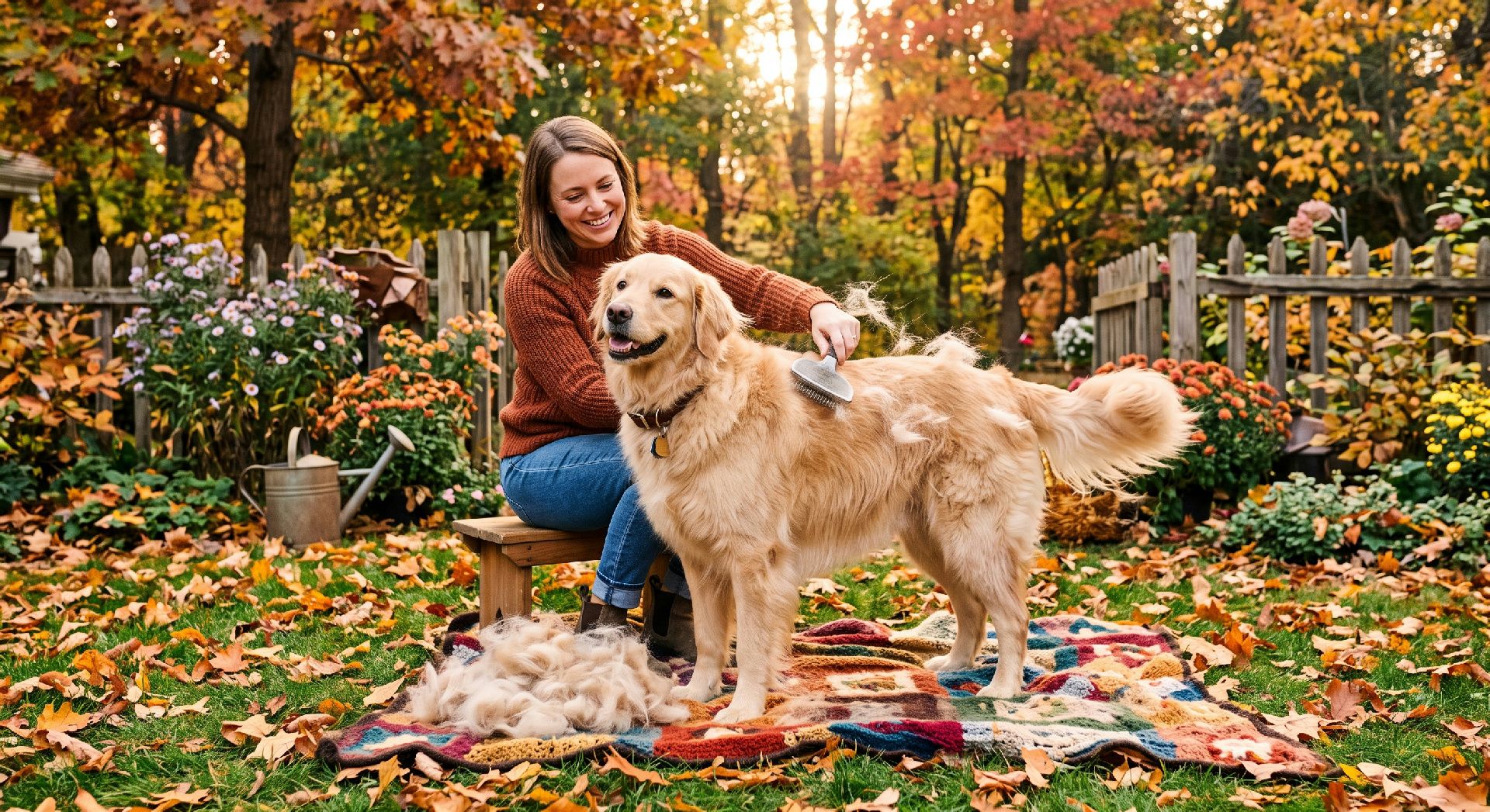 Frau bürstet Golden Retriever im herbstlichen Garten mit fallenden Blättern