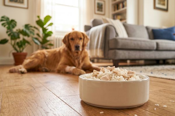 Golden Retriever liegt auf Holzboden und beobachtet seinen vollen Futternapf im hellen Wohnzimmer