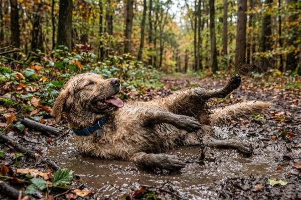 Golden Retriever spielt freudig in einem Bachlauf im herbstlichen Wald