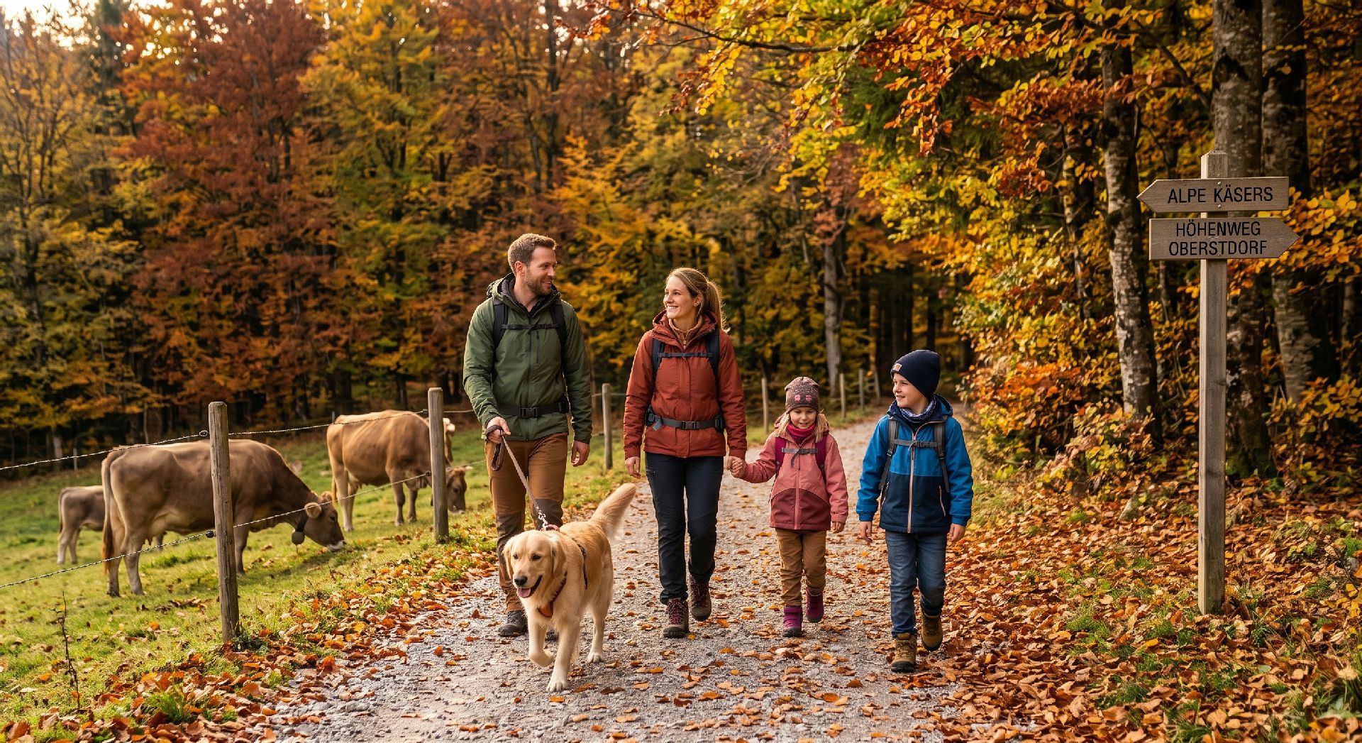 Familie mit gelbem Labrador beim Wandern im Herbst, umgeben von gefärbten Bäumen und Berglandschaft
