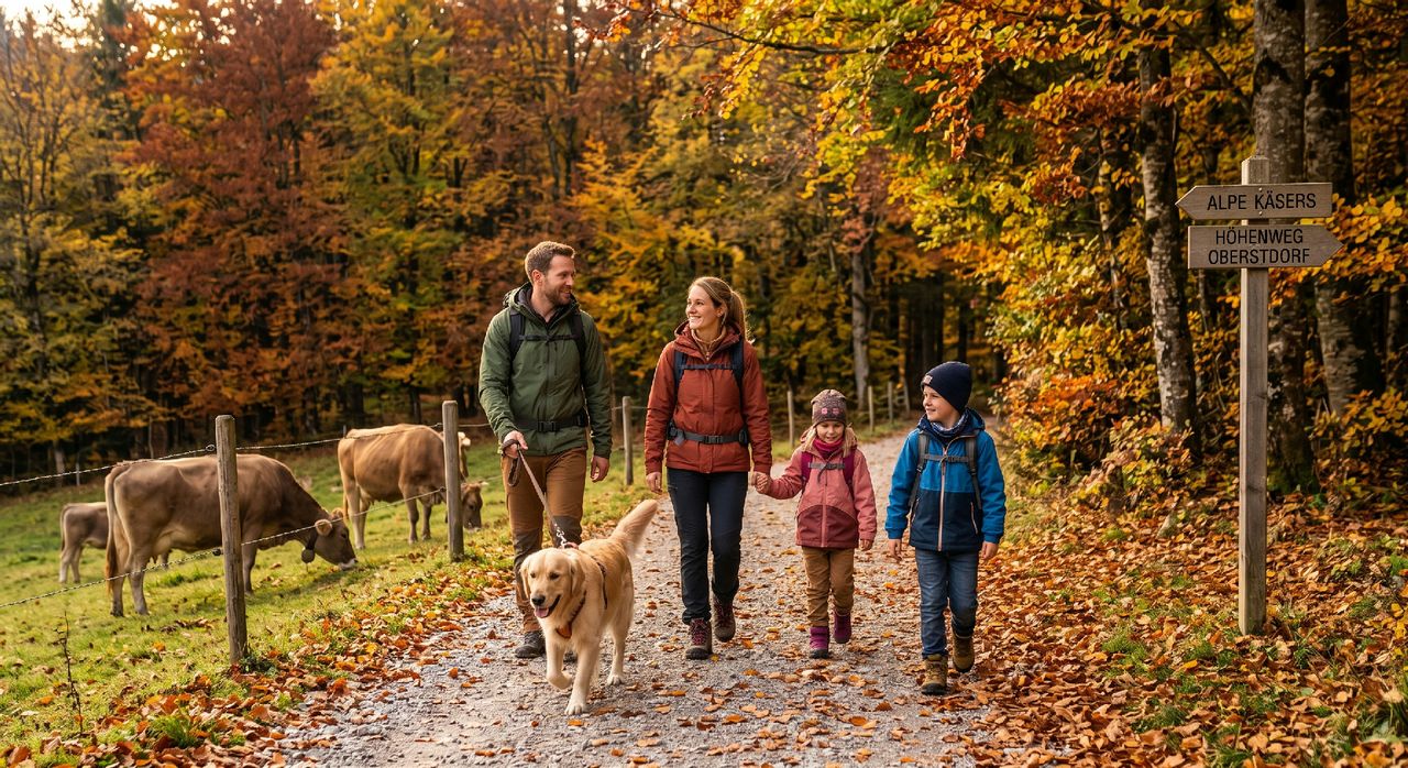 Familie mit Hund auf Herbstspaziergang in den Alpen Familie mit gelbem Labrador beim Wandern im Herbst, umgeben von gefärbten Bäumen und Berglandschaft