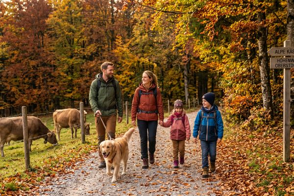 Familie mit gelbem Labrador beim Wandern im Herbst, umgeben von gefärbten Bäumen und Berglandschaft
