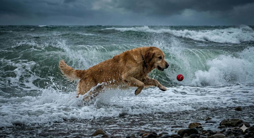 Ein goldener Retriever springt im Wasser an einem Strand mit starken Wellen nach einem roten Ball.