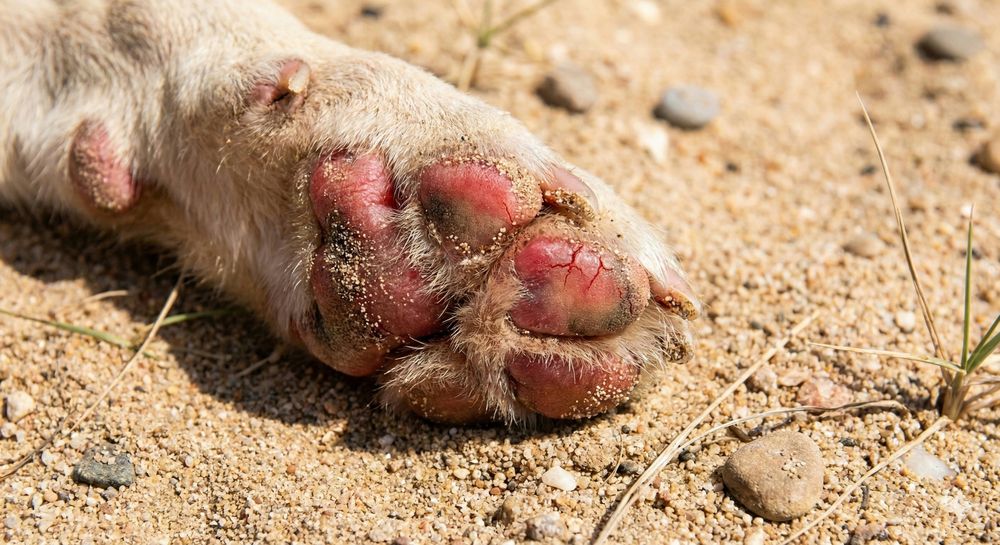 Nahaufnahme einer Hundepfote mit verbrannten Stellen auf heißem Sand.