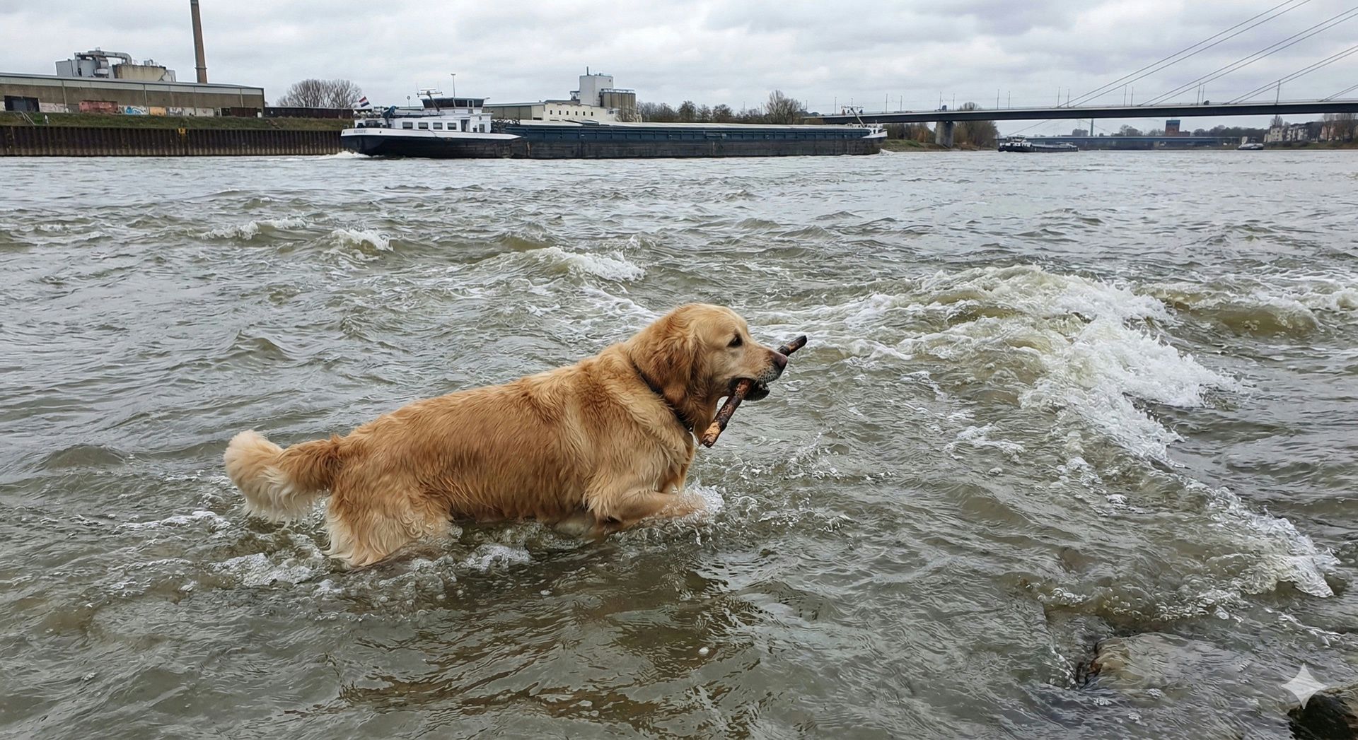 Ein Hund im Wasser trägt einen Stock, während im Hintergrund ein großes Schiff im Fluss fährt.