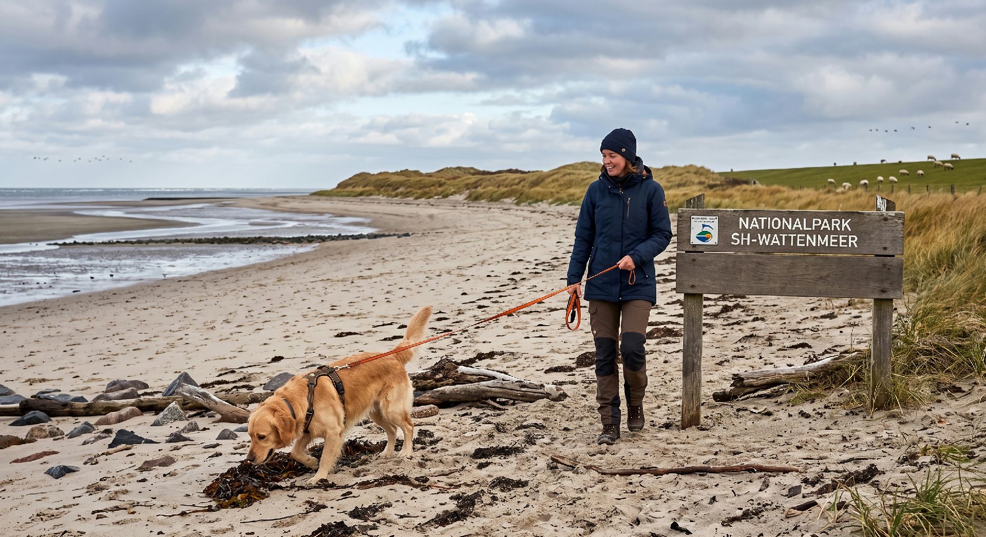 Frau mit Golden Retriever an der Leine am Sandstrand des Nationalparks Schleswig-Holsteinisches Wattenmeer