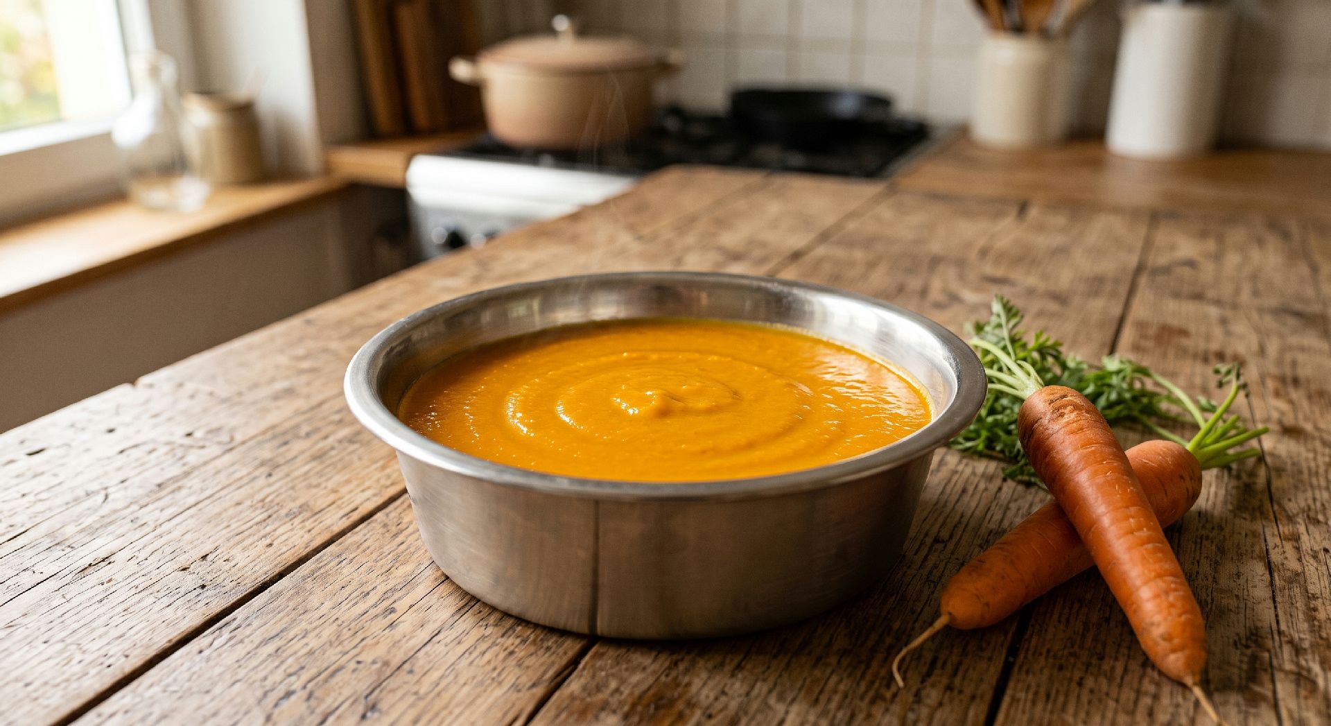 Schüssel mit orange-gelbem Hundefutter-Brei, daneben frische Möhren und Kräuter in Küche