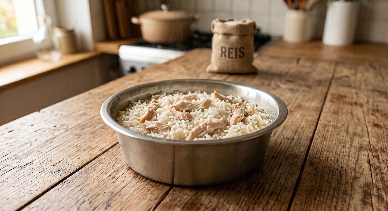 Hundefutter mit Reis und Fleisch in Metallschüssel Metallschüssel mit Hundefutter aus Reis und Fleischstücken auf Holztisch in Küche