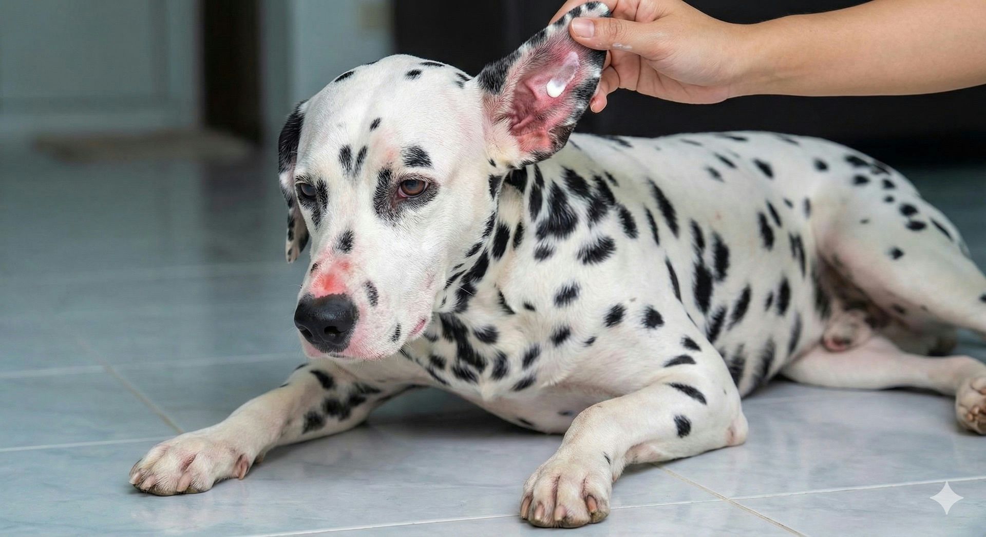 Dalmatiner liegt mit Sonnenbrand auf dem Boden, eine Hand hebt ein Ohr des Hundes an.