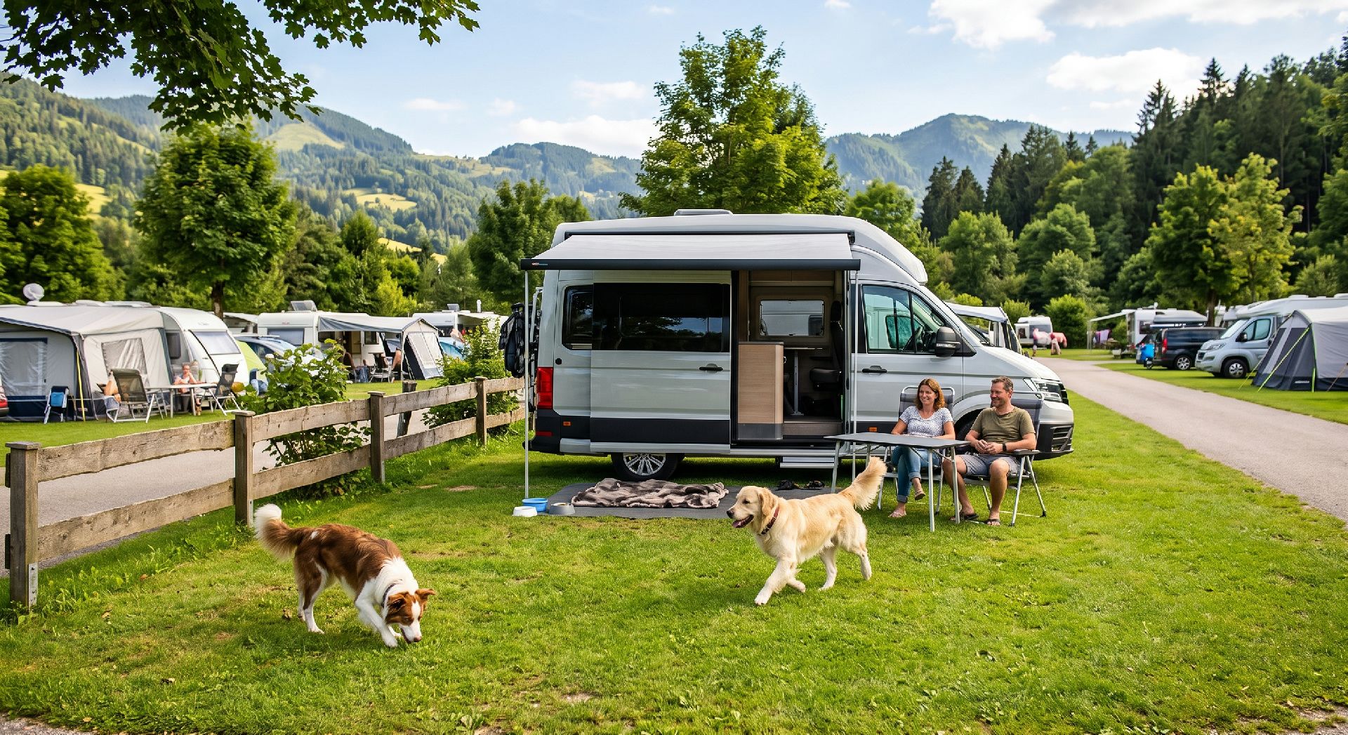Zwei Hunde spielen auf Campingplatz neben Wohnmobil, Familie sitzt entspannt daneben