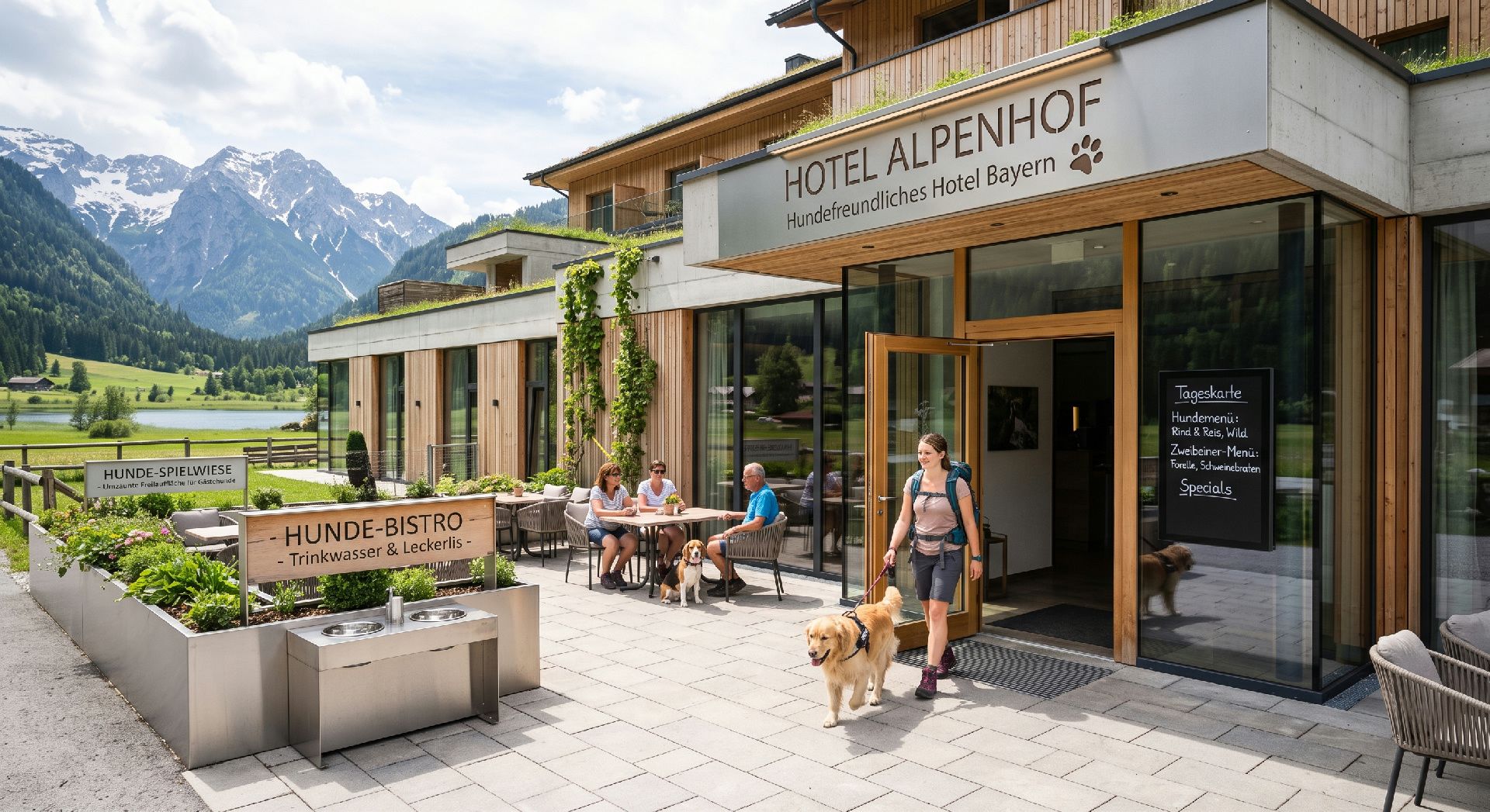 Hundefreundliches Alpenhof-Hotel mit Bistro in Bayern Golden Retriever vor dem Hunde-Bistro des Hotel Alpenhof in den Alpen, Gäste sitzen auf der Terrasse